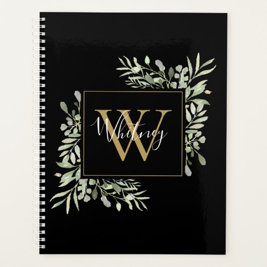 Zwart Goud Schrift Monogram Groene Bloemen Planner (Voorkant)