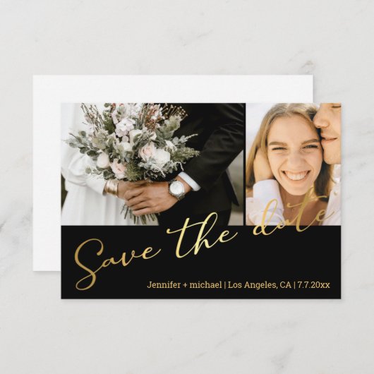Zwart Goud Script 2 Foto Sla de datumkaart op Notitiekaartje (Voorkant / Achterkant)