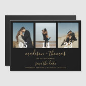 Zwart Goud Script 3 Foto Bruiloft Save The Date Magnetische Uitnodiging (Voorkant / Achterkant)