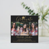 Zwart goud script 4 foto afstudeeraankondiging kaart (Staand voorkant)