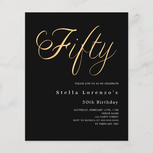 Zwart goud script budget 50e verjaardag uitnodigin (Voorkant)