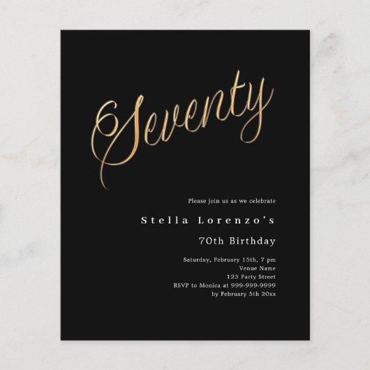Zwart goud script budget 70e verjaardag uitnodigin (Voorkant)