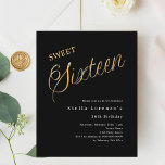 Zwart goud script budget Sweet 16 uitnodiging<br><div class="desc">Een moderne Sweet 16 uitnodiging. Klassieke zwarte achtergrond en het woord Zestien geschreven met grote letters in faux goud. Personaliseer en voeg een naam en feestdetails toe. Witte tekst. 1 vel = 1 uitnodiging afgedrukt rand tot rand.</div>