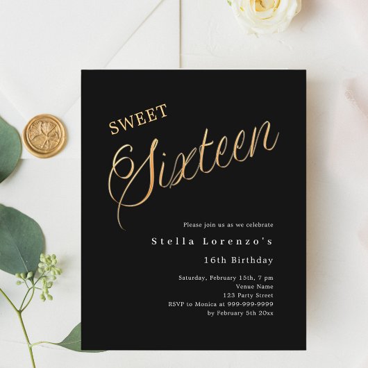 Zwart goud script budget Sweet 16 uitnodiging