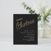 Zwart goud script budget Sweet 16 uitnodiging (Staand voorkant)
