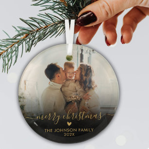 Zwart Goud Script Familie Foto Vrolijk Kerstfeest Glas Ornament