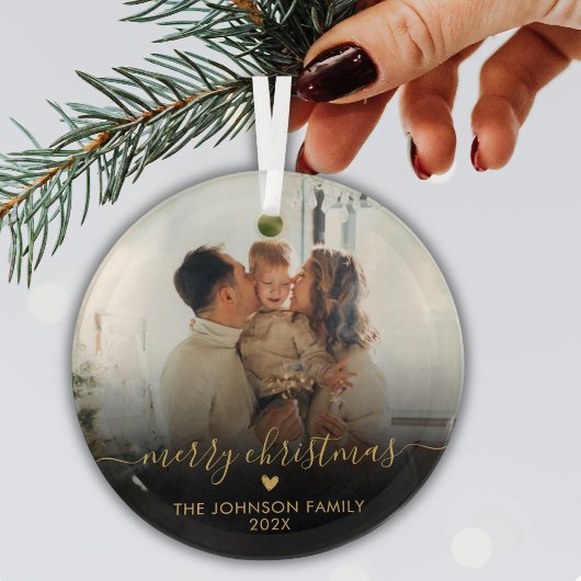 Zwart Goud Script Familie Foto Vrolijk Kerstfeest Glas Ornament