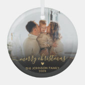 Zwart Goud Script Familie Foto Vrolijk Kerstfeest Glas Ornament (Voorkant)