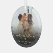 Zwart Goud Script Familie Foto Vrolijk Kerstfeest Glas Ornament (Voorkant links)