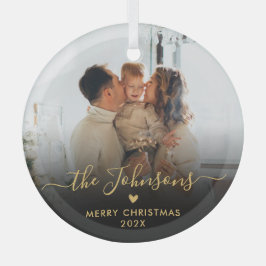 Zwart Goud Script Familie Foto Vrolijk Kerstfeest Glas Ornament