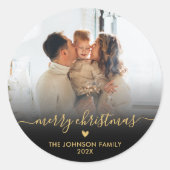 Zwart Goud Script Familie Foto Vrolijk Kerstfeest Ronde Sticker (Voorkant)