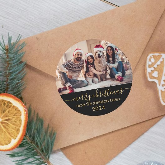 Zwart Goud Script Familie Foto Vrolijk Kerstfeest Ronde Sticker