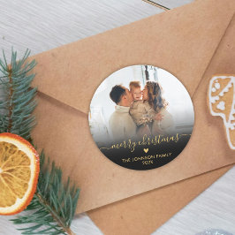 Zwart Goud Script Familie Foto Vrolijk Kerstfeest Ronde Sticker