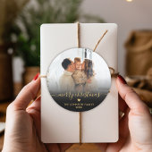 Zwart Goud Script Familie Foto Vrolijk Kerstfeest Ronde Sticker
