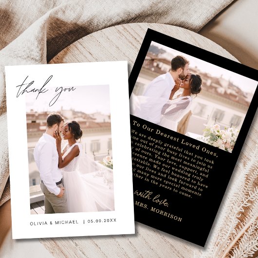 Zwart Goud Script Foto bruiloft Dank u kaart