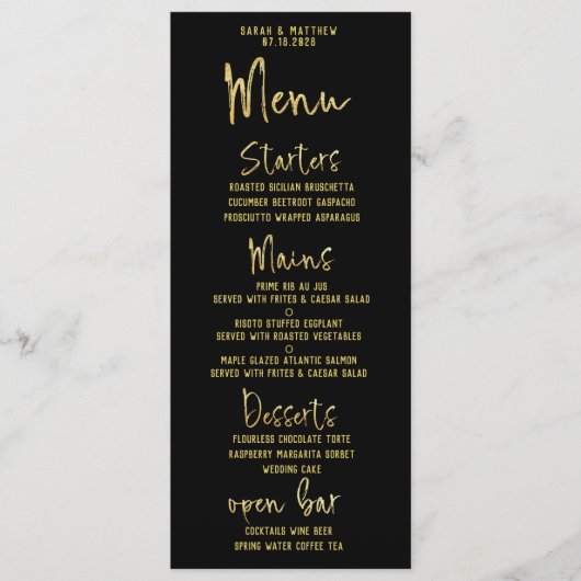 Zwart & Goud Script Kalligrafie Classic Wedding Menu (Voorkant)