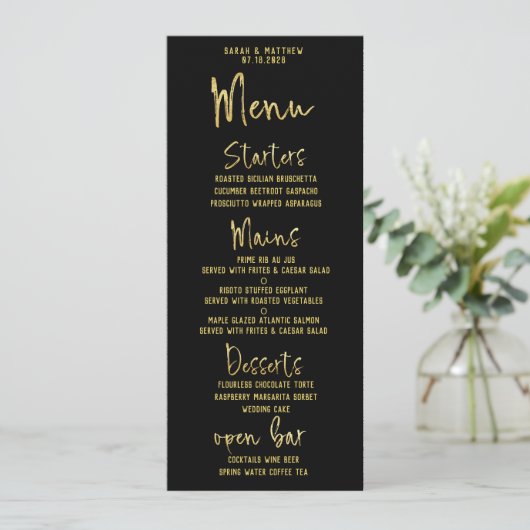 Zwart & Goud Script Kalligrafie Classic Wedding Menu (Staand voorkant)