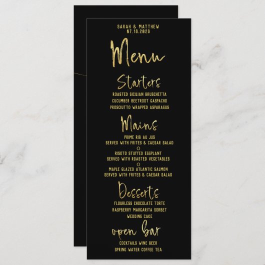 Zwart & Goud Script Kalligrafie Classic Wedding Menu (Voorkant / Achterkant)
