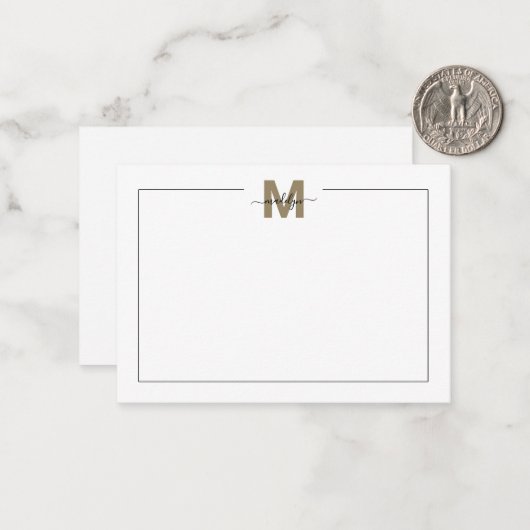 Zwart Goud Script Kalligrafie Naam Monogram Notitiekaartje (Voorkant / Achterkant in situ)