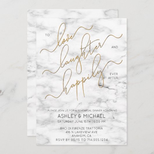 Zwart Goud Script Marmeren Repetitie Diner Uitnodi Kaart (Voorkant / Achterkant)