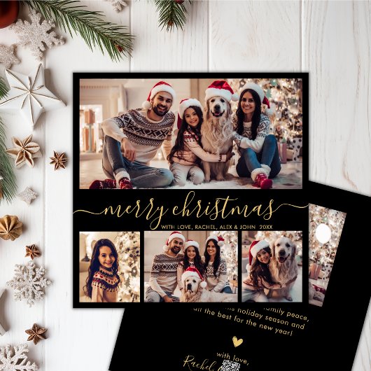 Zwart Goud Script Modern 5 Fotocollage Kerstmis Feestdagenkaart