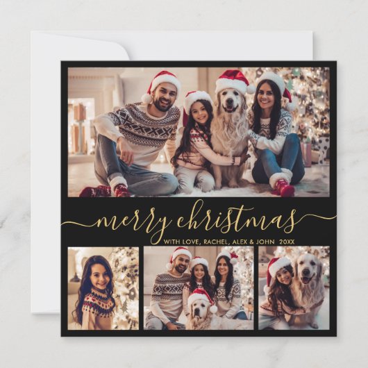 Zwart Goud Script Modern 5 Fotocollage Kerstmis Feestdagenkaart (Voorkant)