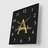 Zwart Goud Script Monogram Girly Naam Vierkante Klok (Hoek)