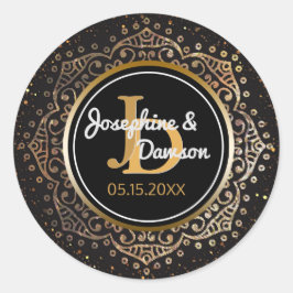 Zwart Goud Script Monogram | Mandala Trouwgunst Ronde Sticker