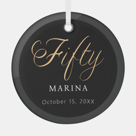 Zwart goud script naam 50e verjaardag glas ornament (Voorkant)