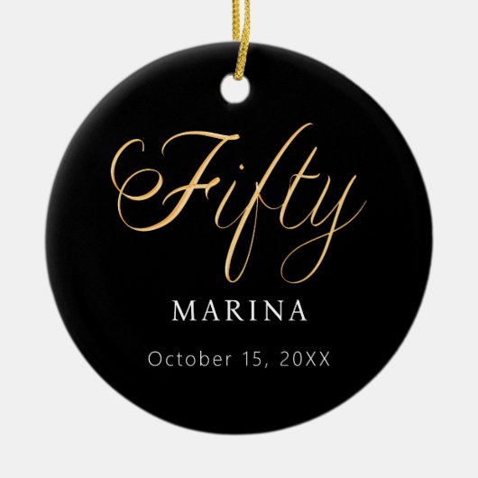 Zwart goud script naam 50e verjaardag keramisch ornament (Voorkant)