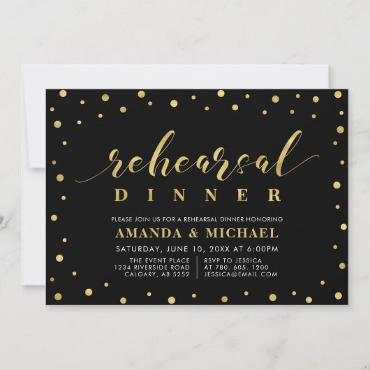 Zwart & Goud Script Oefenbruiloft Dinner Uitnodigi Kaart (Voorkant)