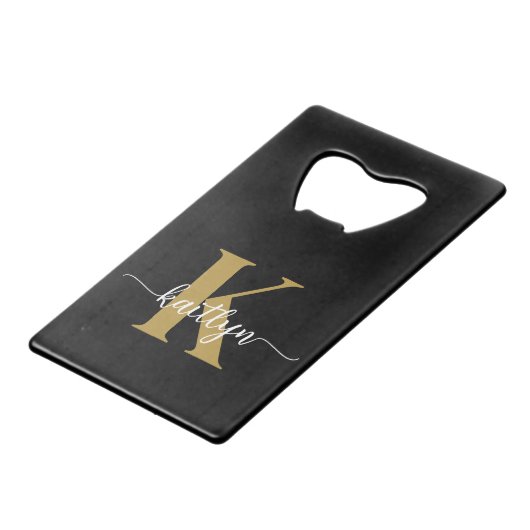 Zwart-goud-scriptmonogram Creditkaart Flessenopener (Voorkant Gekanteld)