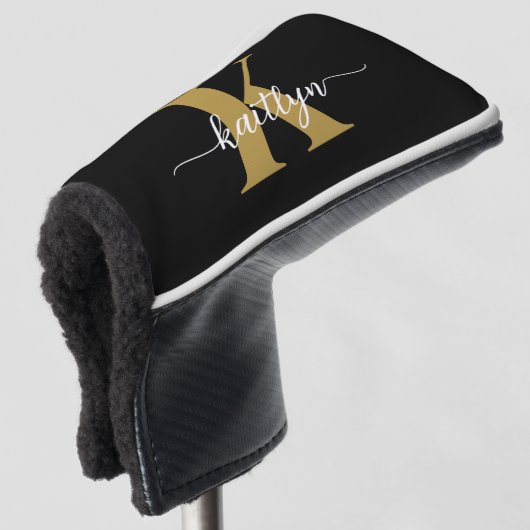 Zwart-goud-scriptmonogram Golfheadcover (3/4 voorkant)