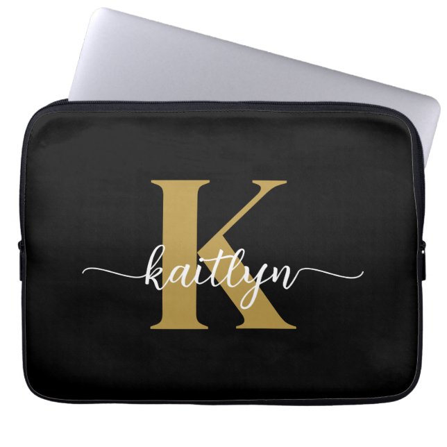 Zwart-goud-scriptmonogram Laptop Sleeve (Voorkant)