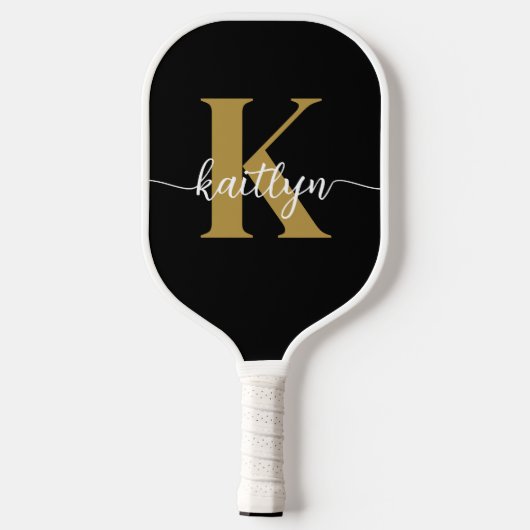 Zwart-goud-scriptmonogram Pickleball Paddle (Achterkant)