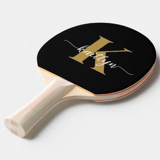 Zwart-goud-scriptmonogram Tafeltennisbatje (Voorkant Gekanteld)