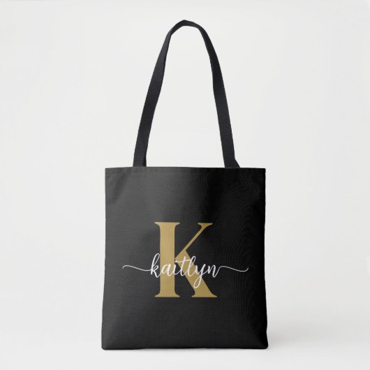 Zwart-goud-scriptmonogram Tote Bag (Voorkant)