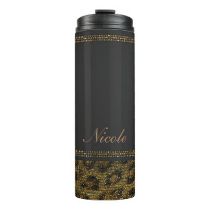 Zwart & Goud Sequin Glitter Leopard Cheetah Print Thermosbeker