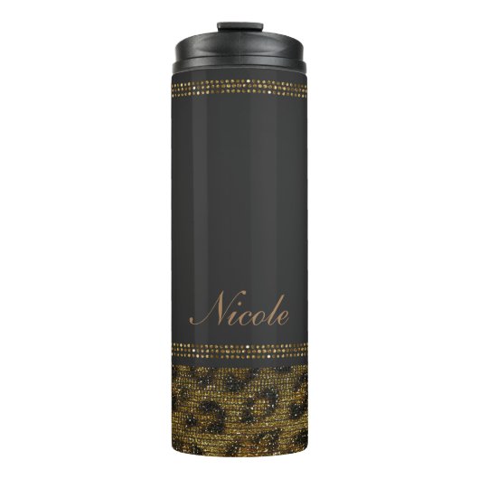 Zwart & Goud Sequin Glitter Leopard Cheetah Print Thermosbeker (Voorkant)