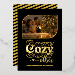 Zwart & Goud Sfeervol Retro Kerst Foto Folie Feestdagenkaart