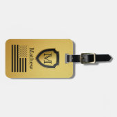 Zwart Goud Shield USA Vlag Monogram Naam Manly Bagagelabel (Voorkant horizontaal)