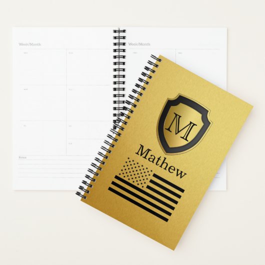 Zwart Goud Shield USA Vlag Monogram Naam Manly Planner (Display)