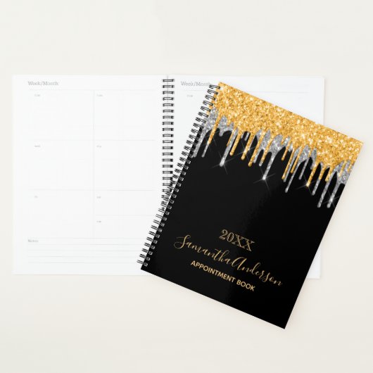 Zwart goud Silver glitter druppelt naam 2023 Planner (Display)