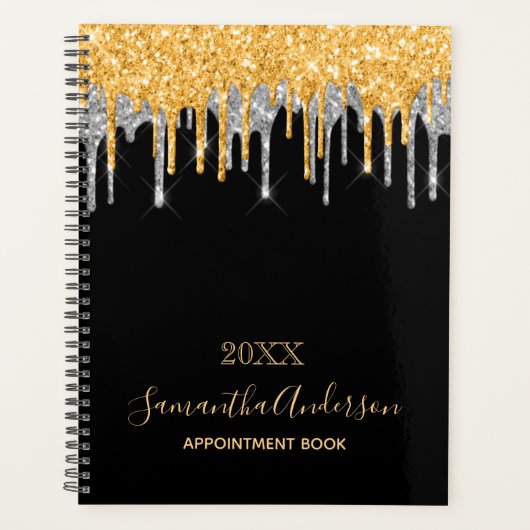 Zwart goud Silver glitter druppelt naam 2023 Planner (Voorkant)