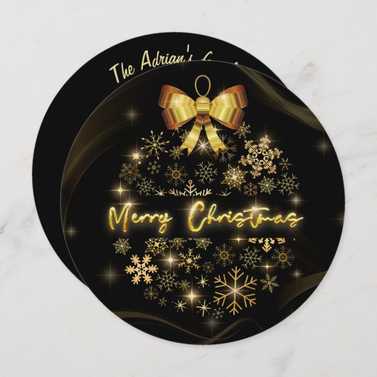 Zwart Goud sneeuw Kerstbal met sprankelend licht Feestdagenkaart (Voorkant / Achterkant)