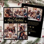 Zwart Goud Sneeuwvlok 5 Fotocollage Kerstmis Feestdagenkaart<br><div class="desc">Modern Eenvoudig Elegant Kalligrafie Zwart en Goud Sneeuwvlok 5 Fotocollage Vrolijk Kerstmis Script Vakantie Kaart. Deze feestelijke, minimalistische, grillige vijf (5) foto vakantie wenskaart sjabloon beschikt over een grid fotocollage, wat sneeuwvlok en zegt "Vrolijk kerstfeest"! De begroetingstekst "Vrolijk kerstfeest" is geschreven in een prachtig met de hand geletterd penseellettertype script...</div>