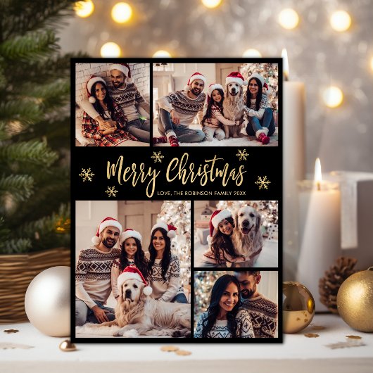 Zwart Goud Sneeuwvlok 5 Fotocollage Kerstmis Feestdagenkaart