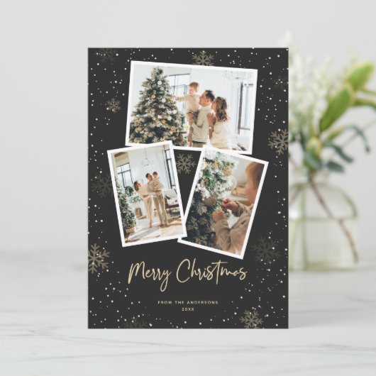 Zwart Goud Sneeuwvlok Foto Vrolijk Kerstfeest Kaar Feestdagenkaart (Staand voorkant)