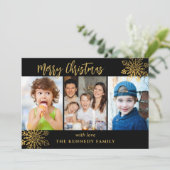 Zwart & Goud SnowFlake 3 Fotocollage Kerstmis Feestdagenkaart (Staand voorkant)