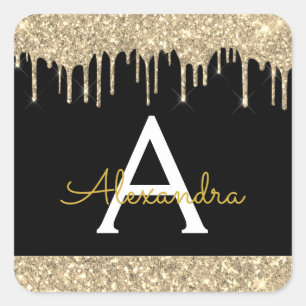 Zwart Goud Sparkle Glitter Monogram Vierkante Sticker